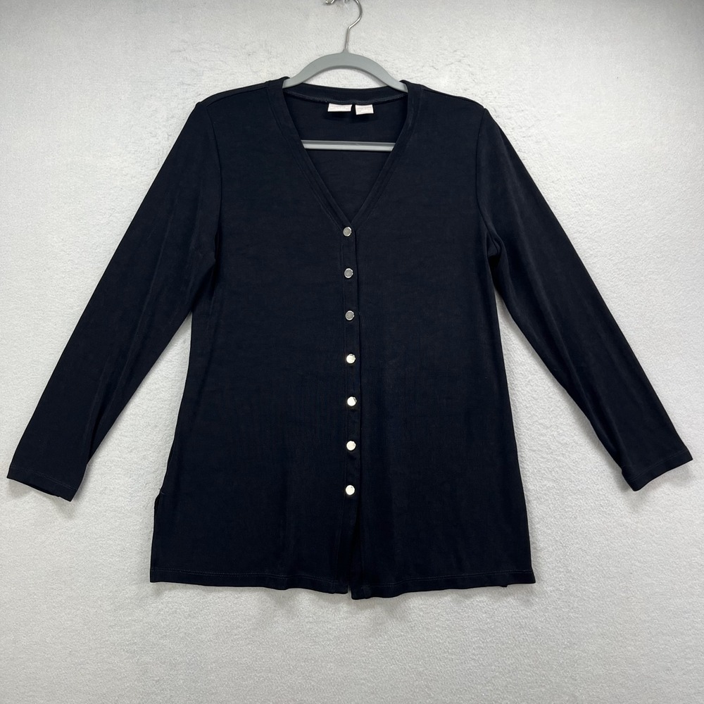 Chico's Travelers Cardigan Jacket Womens 1 M‎ Black Ribbed Button Front V Neck